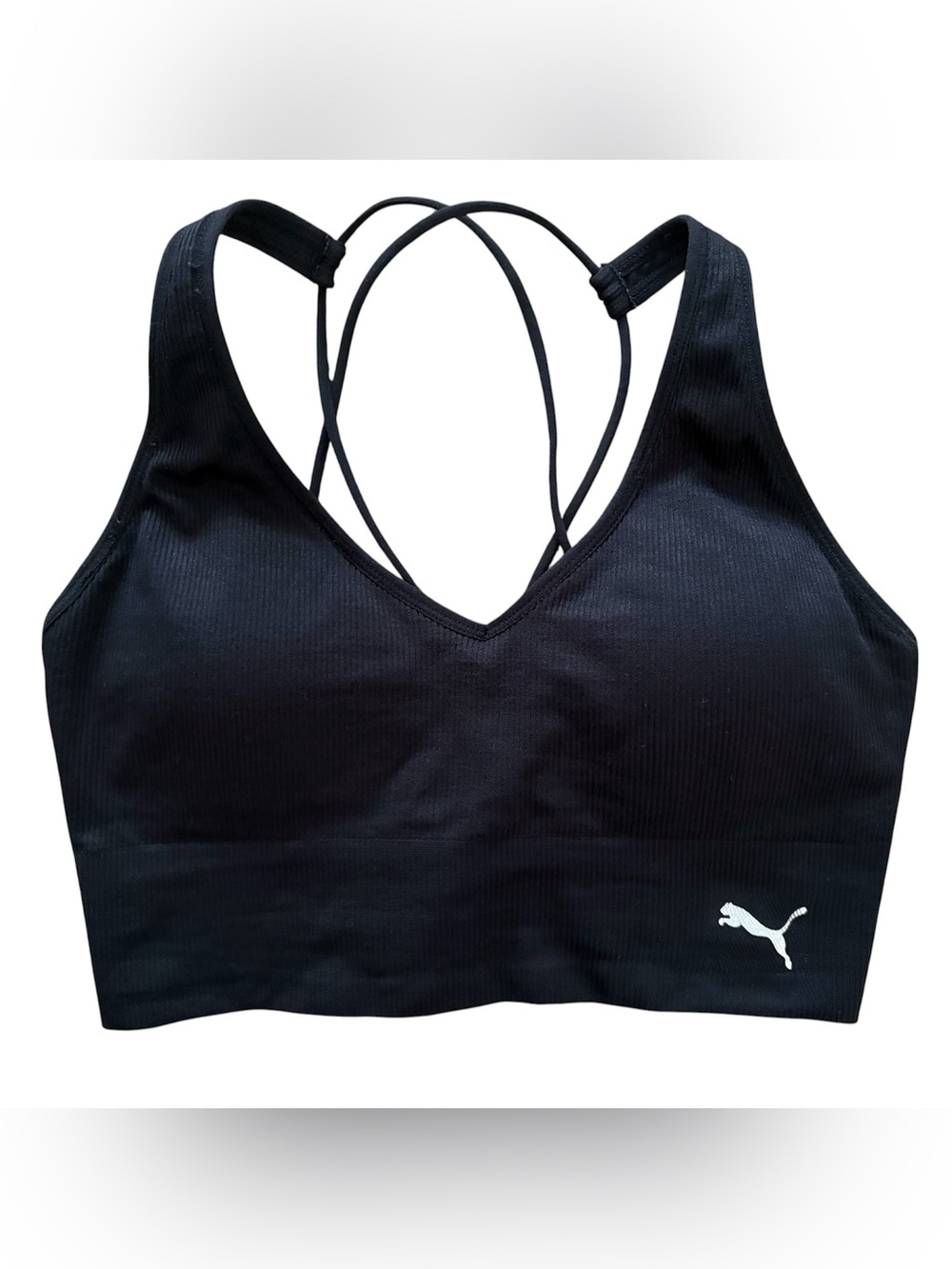 Puma logo women's black sports bra crossed back straps removable cups size XS-S